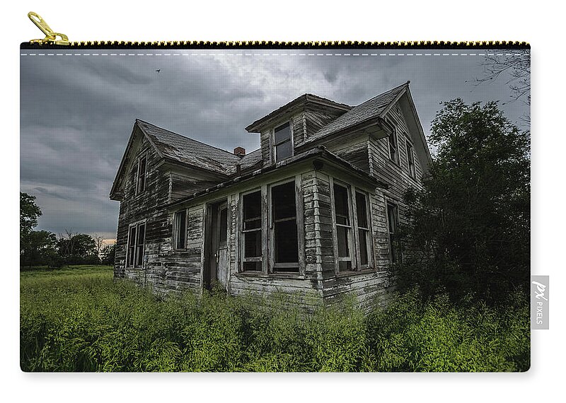 Birds Clouds House Summer Alone Usa 500px Top Abandoned Sad Huron Storm Decay Rural Creepy Forgotten Dead Apocalypse Weeds Quiet Scary South Dakota Abandoned House Freaky Vacant Uninhabited Left Behind Middle Of Nowhere Forgotten Series What Once Was Zip Pouch featuring the photograph Forgotten #2 by Aaron J Groen