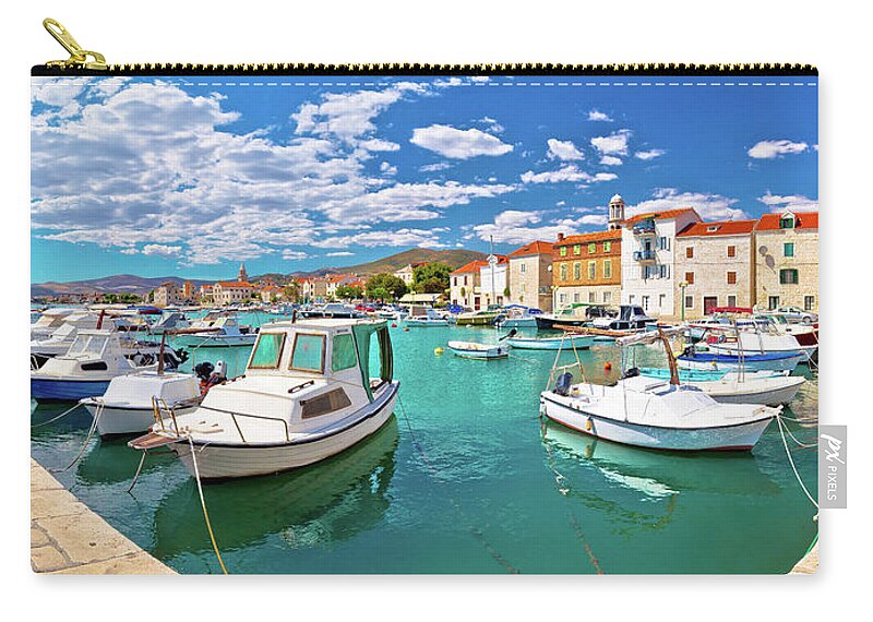 Kastel Zip Pouch featuring the photograph Kastel Novi turquoise harbor and historic architecture panoramic #2 by Brch Photography