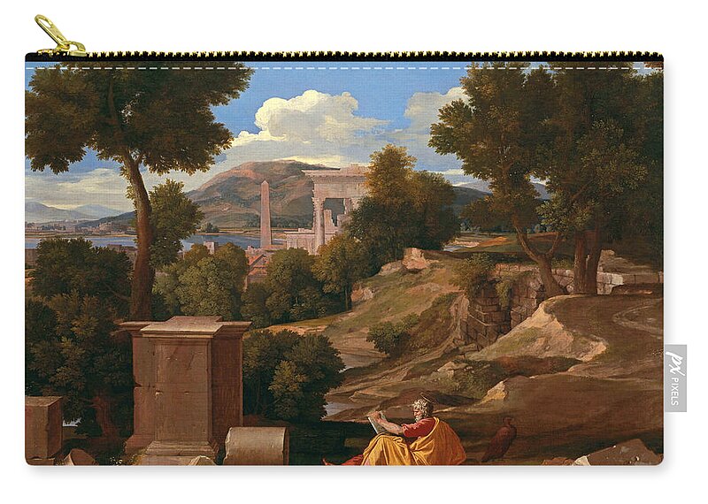 Nicolas Poussin Zip Pouch featuring the painting Landscape with Saint John on Patmos #2 by Nicolas Poussin