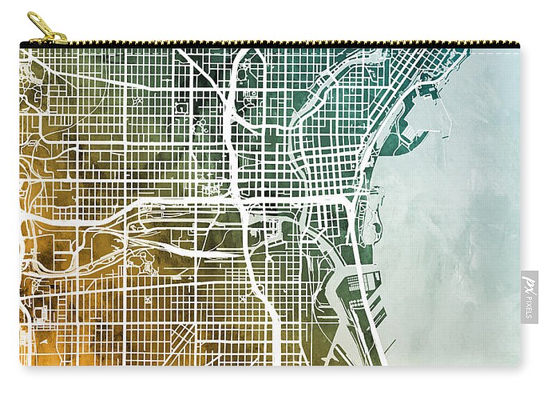 Milwaukee Zip Pouch featuring the digital art Milwaukee Wisconsin City Map by Michael Tompsett