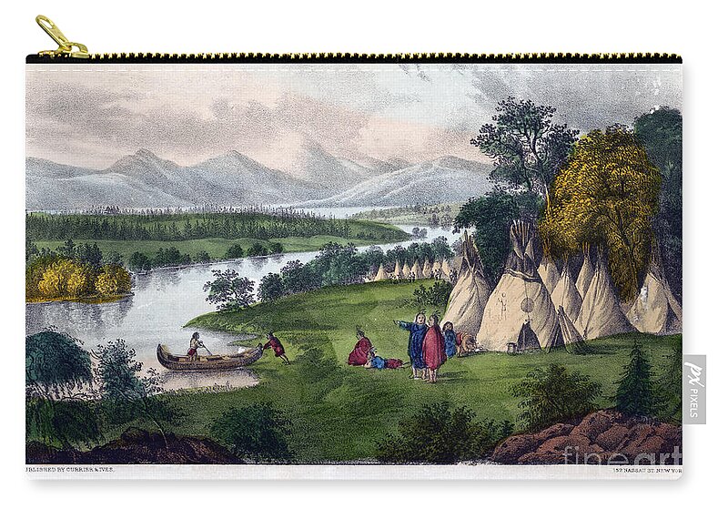 1800s Zip Pouch featuring the drawing Native American Village. #2 by Granger
