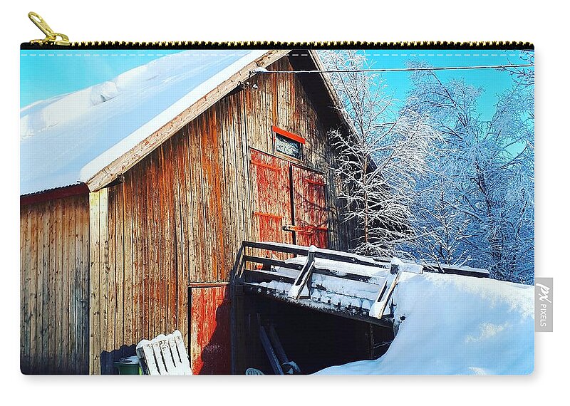 Winter Landscape Countryside Norway Barn Farm Snow Scandinavia Europe Outdoors Nature Landscape Trees View Outdoors Zip Pouch featuring the digital art Norwegian Winter landscape #4 by Jeanette Rode Dybdahl