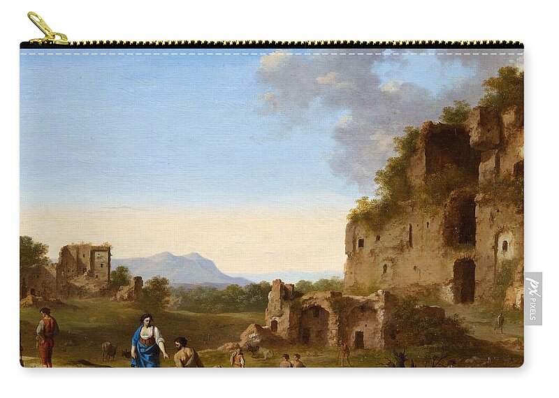Cornelis Van Poelenburgh Zip Pouch featuring the painting Roman Landscape with Ruins and Travellers #2 by MotionAge Designs