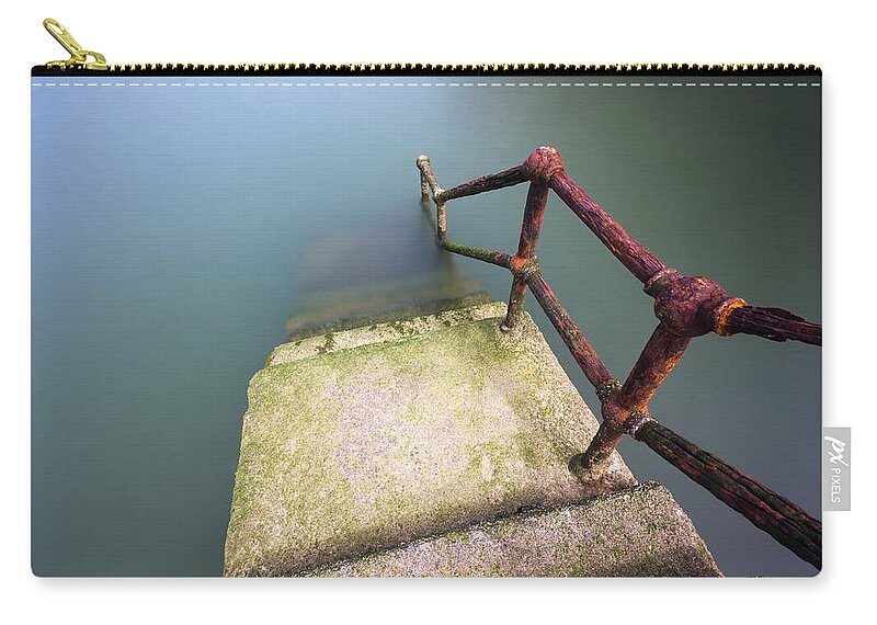 Railing Zip Pouch featuring the photograph Rusty Handrail Going Down On Water #2 by Mikel Martinez de Osaba