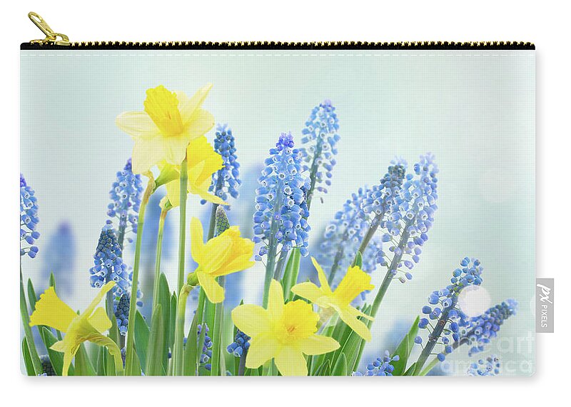 Spring Zip Pouch featuring the photograph Spring Bluebells and Daffodils #3 by Anastasy Yarmolovich