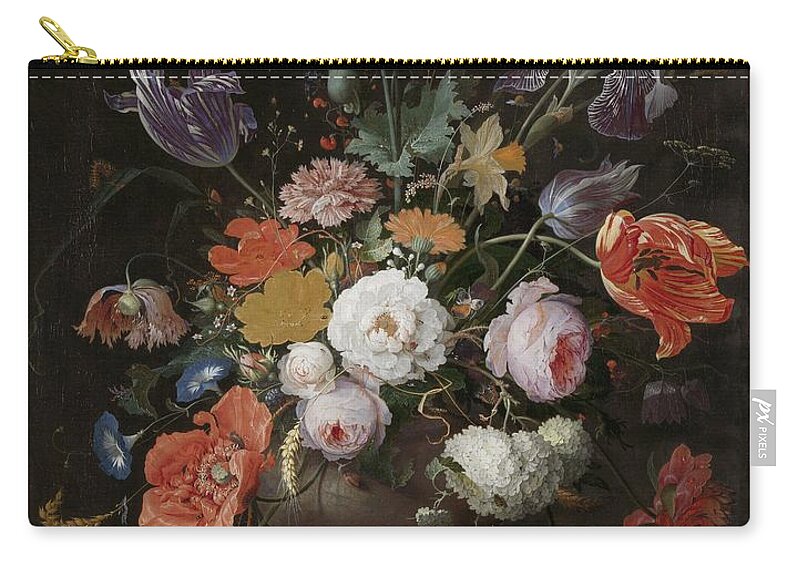 Still Life With Flowers And A Watch Zip Pouch featuring the painting Still Life with Flowers and a Watch #2 by Celestial Images