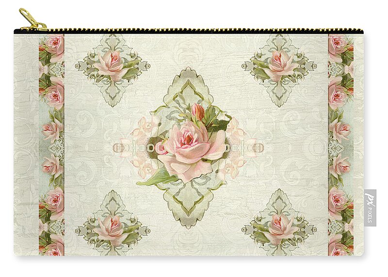 Vintage Zip Pouch featuring the painting Summer at the Cottage - Vintage Style Damask Roses #2 by Audrey Jeanne Roberts