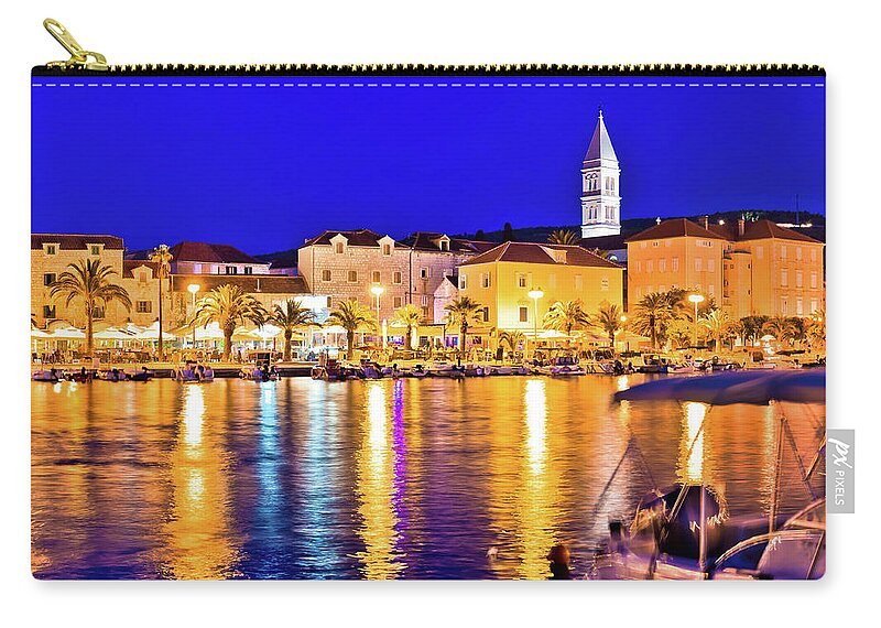 Blue Zip Pouch featuring the photograph Supetar waterfront evening panoramic view from sea #2 by Brch Photography