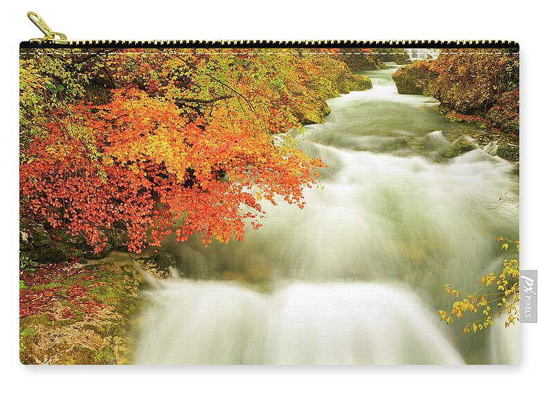 Soteska Zip Pouch featuring the photograph The Soteska Vintgar gorge in Autumn by Ian Middleton