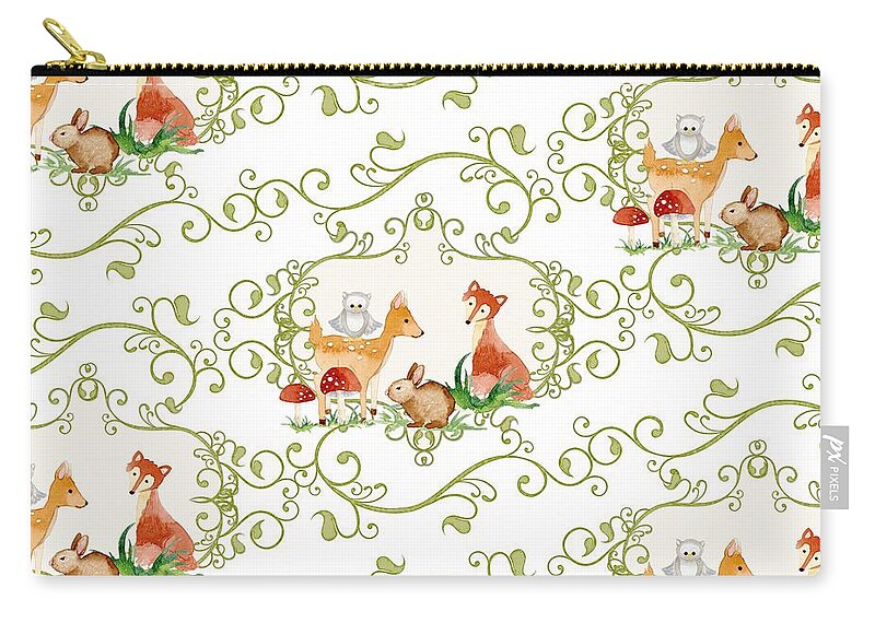Woodchuck Zip Pouch featuring the painting Woodland Fairytale - Animals Deer Owl Fox Bunny n Mushrooms #2 by Audrey Jeanne Roberts