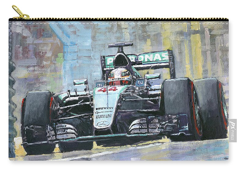 Acrilic On Paper Zip Pouch featuring the painting 2016 Monaco GP Mercedes AMG Petronas Hamilton by Yuriy Shevchuk