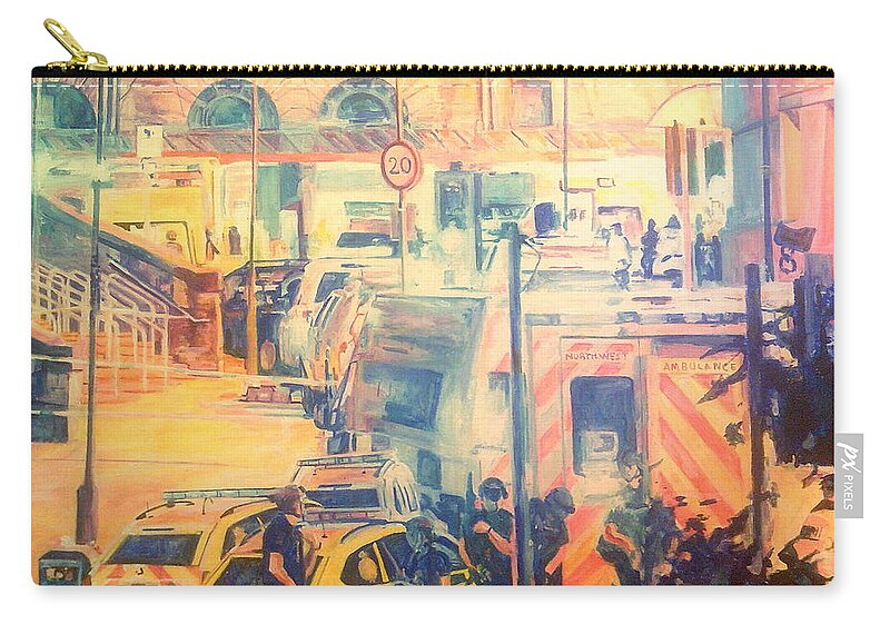 Manchester 22nd May Emergency Services Manchester Arena Round The Back Zip Pouch featuring the painting 22nd May Manchester by Rosanne Gartner