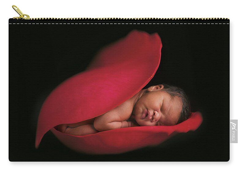 Rose Zip Pouch featuring the photograph Darion in a Rose Petal by Anne Geddes
