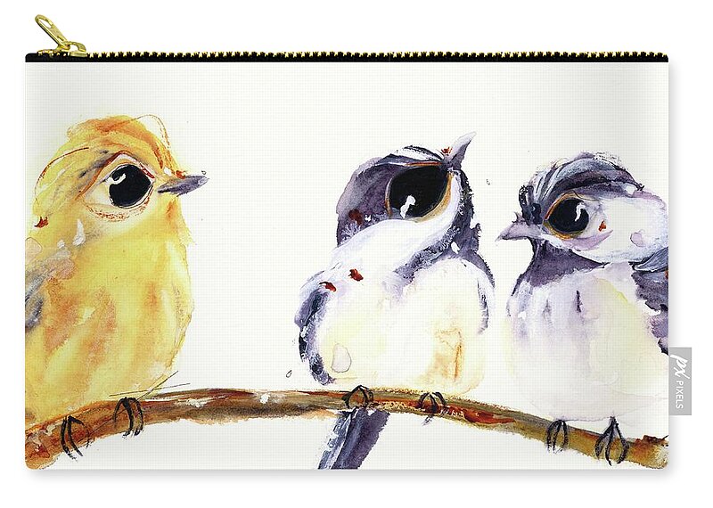 Watercolor Zip Pouch featuring the painting 3 Birds on a Branch by Dawn Derman