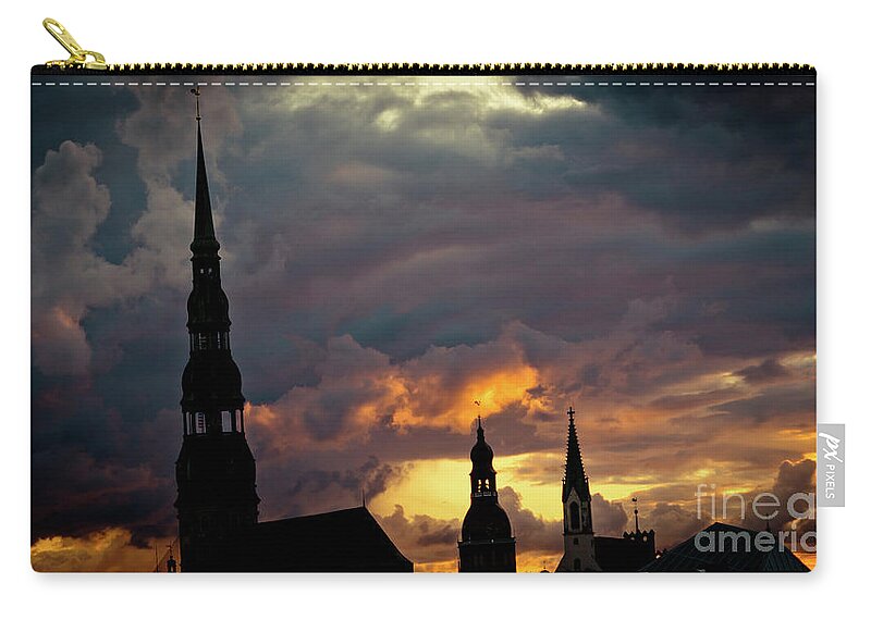 Cities Zip Pouch featuring the photograph Cloudscape of orange sunset Riga Latvia Artmif #3 by Raimond Klavins