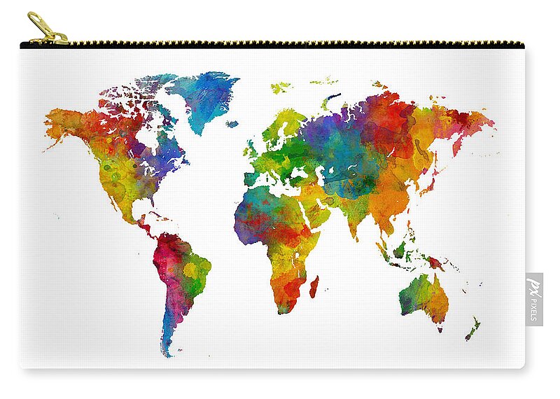 World Map Zip Pouch featuring the digital art Map of the World Map Watercolor #3 by Michael Tompsett