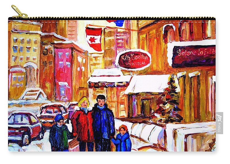 Montreal Zip Pouch featuring the painting Montreal Street In Winter #3 by Carole Spandau