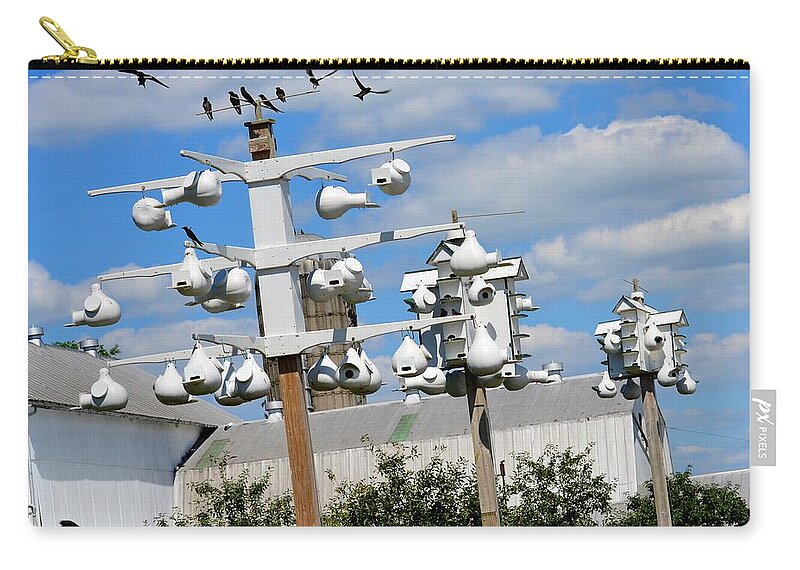 Birds Zip Pouch featuring the photograph 3 Purple Martin Houses by Tana Reiff