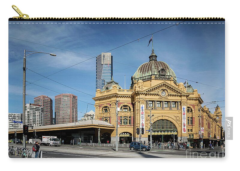 Architecture Zip Pouch featuring the photograph Street Scene Outside Flinders Street Station In Central Melbourn #3 by JM Travel Photography