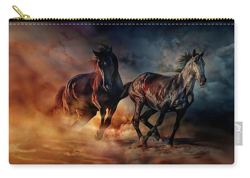 Horses Carry-all Pouch featuring the painting Two horses by Lilia D