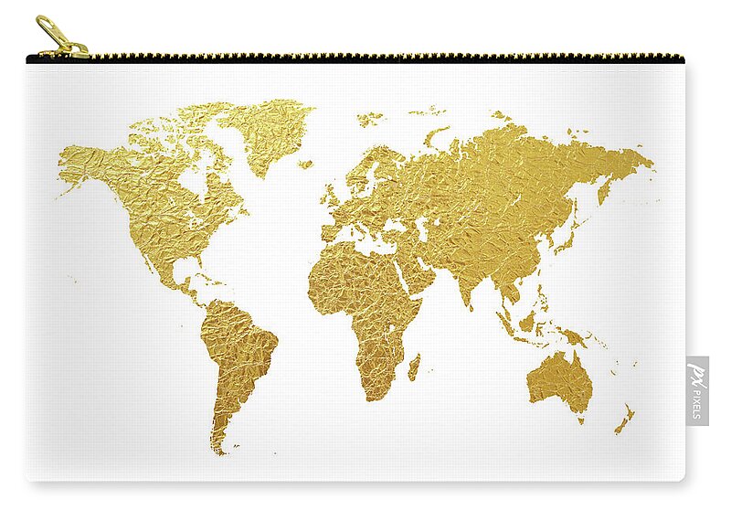 World Map Zip Pouch featuring the digital art World Map Gold Foil by Michael Tompsett