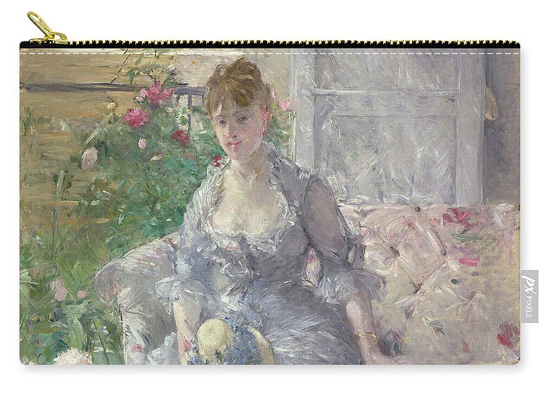 Young Woman Seated On A Sofa Zip Pouch featuring the painting Young Woman Seated on a Sofa #3 by Berthe Morisot