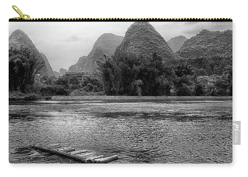 China Zip Pouch featuring the photograph Yulong River drifting -ArtToPan- China Guilin scenery-Black and white photograph #3 by Artto Pan