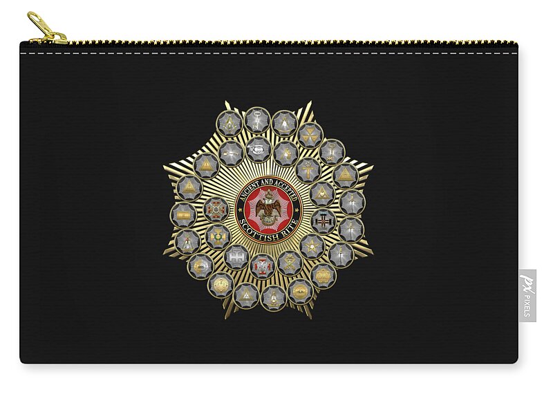 'scottish Rite' Collection By Serge Averbukh Zip Pouch featuring the digital art 33 Scottish Rite Degrees on Black Leather by Serge Averbukh