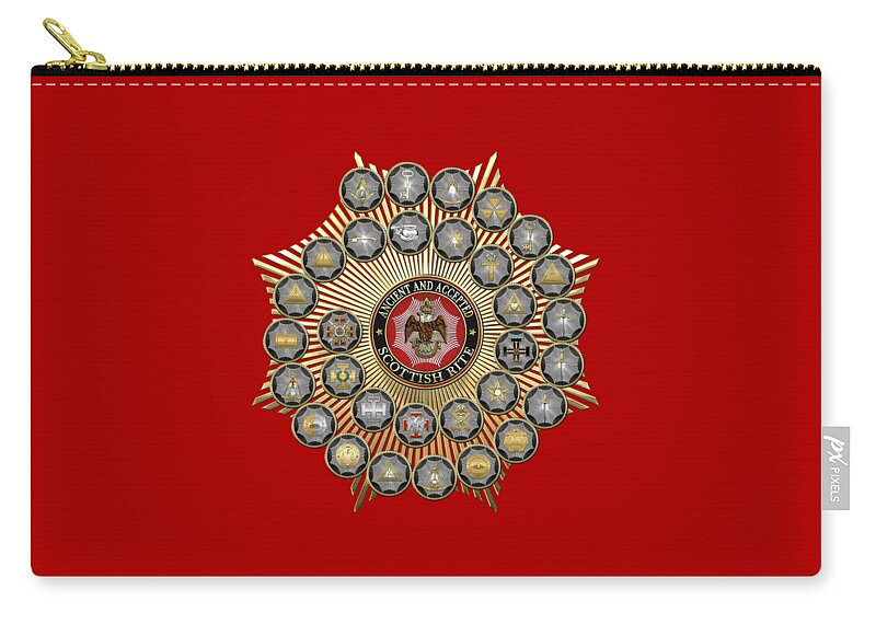 'scottish Rite' Collection By Serge Averbukh Carry-all Pouch featuring the digital art 33 Scottish Rite Degrees on Red Leather by Serge Averbukh