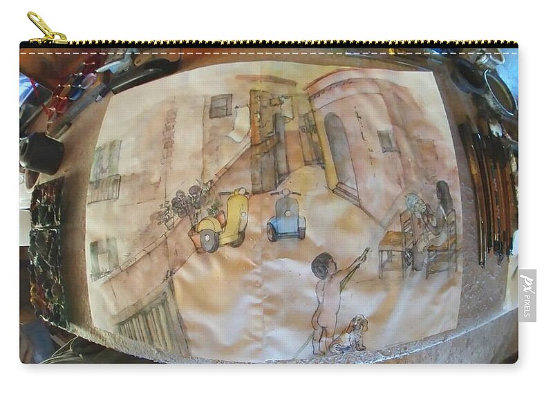 Italy. Southern. Matera. Home Life. Children. Lace Making. Bobbin. Nude.. Dog. Zip Pouch featuring the painting Italy the red and green album #4 by Debbi Saccomanno Chan