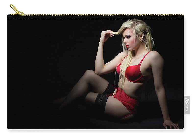 Sexy Zip Pouch featuring the photograph Red Lingerie #4 by La Bella Vita Boudoir