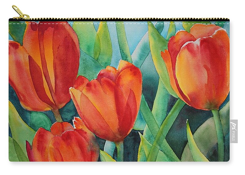 Red Flowers Carry-all Pouch featuring the painting 4 Red Tulips by Ruth Kamenev