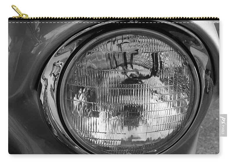 1955 Zip Pouch featuring the photograph 55 Chevy Headlight Grayscale by Jennifer White