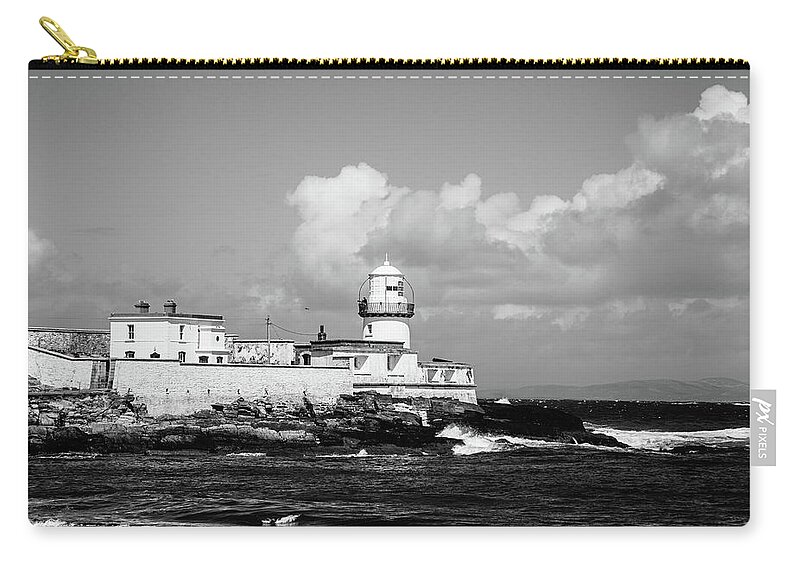 Valentia Island Lighthouse Zip Pouch featuring the photograph Valentia Island Lighthouse on Cromwell Point - BW by Scott Pellegrin
