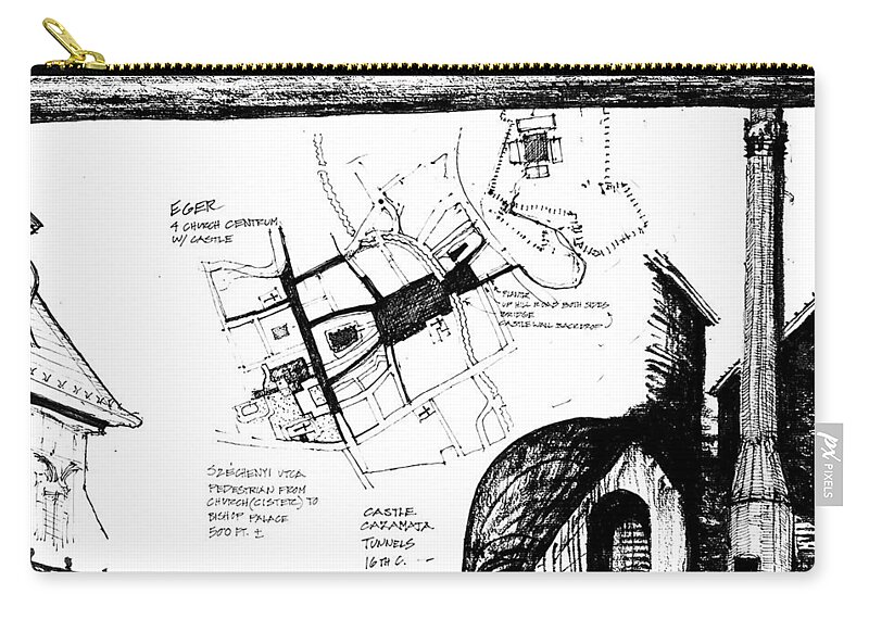 Sustainability Zip Pouch featuring the drawing 6.42.Hungary-4-detail-m by Charlie Szoradi