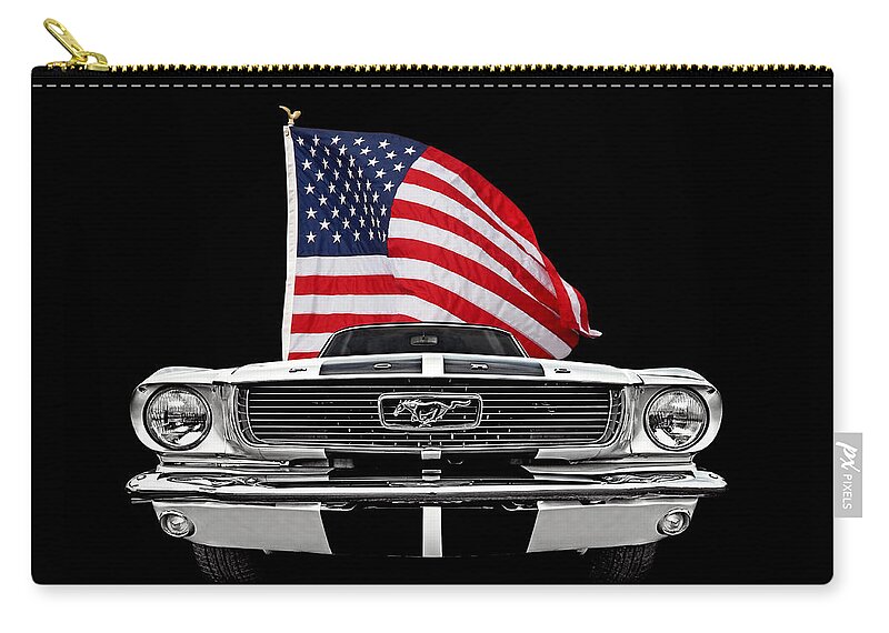 Ford Mustang Carry-all Pouch featuring the photograph 66 Mustang With U.S. Flag On Black by Gill Billington
