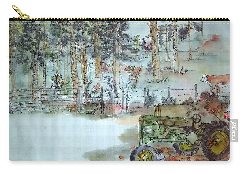 Idaho. Landscape. Autumn. Lewiston. Boys. Men. Peeing. Tractor. John Deere. Zip Pouch featuring the painting a trip to Lewiston in Autumn album #7 by Debbi Saccomanno Chan