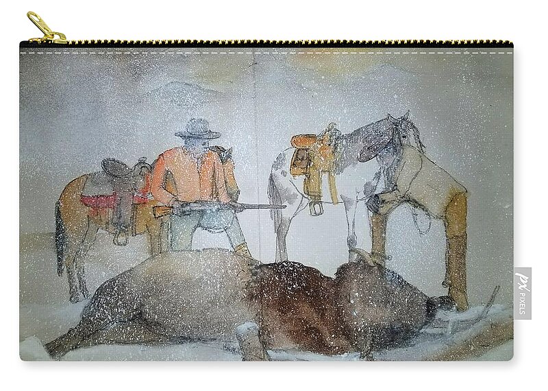 Hunt. Buffalo Zip Pouch featuring the painting ole West my way album #8 by Debbi Saccomanno Chan