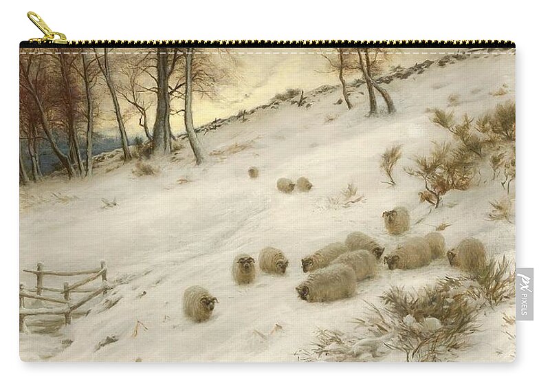 A Flock Of Sheep In A Snowstorm Zip Pouch featuring the painting A Flock of Sheep in a Snowstorm #9 by Joseph Farquharson