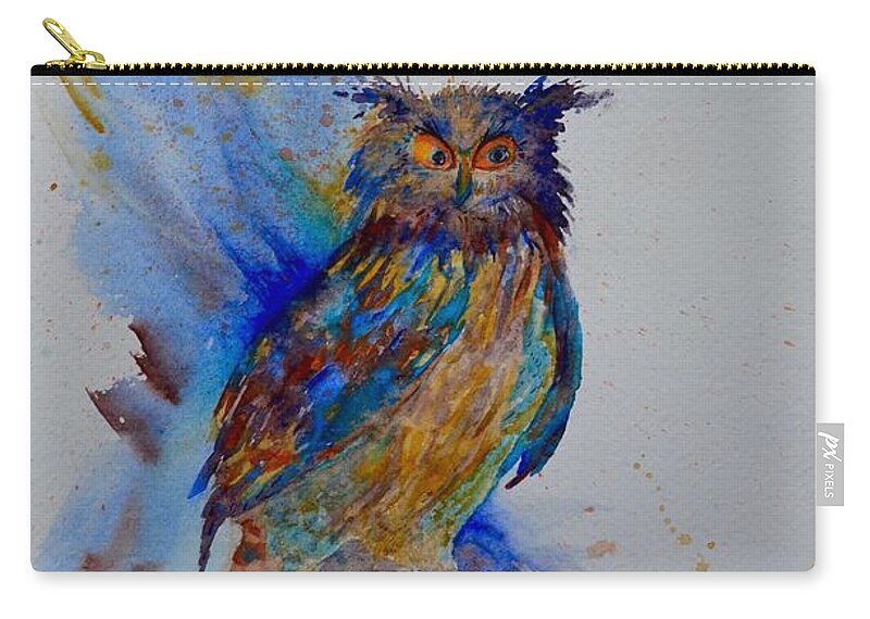 A Blue Mood Owl Zip Pouch featuring the painting A Blue Mood Owl by Beverley Harper Tinsley
