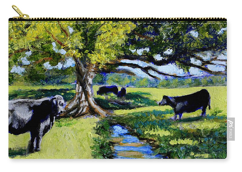 Impressionist Painting Of Cow And Bull Zip Pouch featuring the painting A Challenging View by David Zimmerman