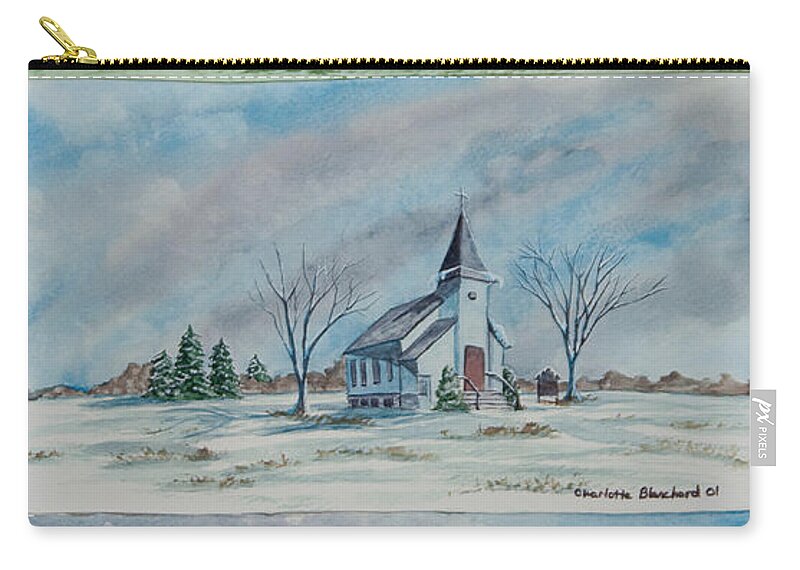 Country Summer Zip Pouch featuring the painting A Church For All Seasons by Charlotte Blanchard