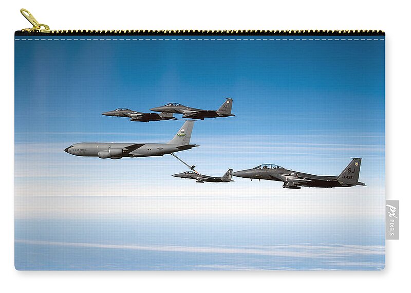 Kc-135 Stratotanker Zip Pouch featuring the photograph A F-15e Strike Eagle Is Refueled by Stocktrek Images