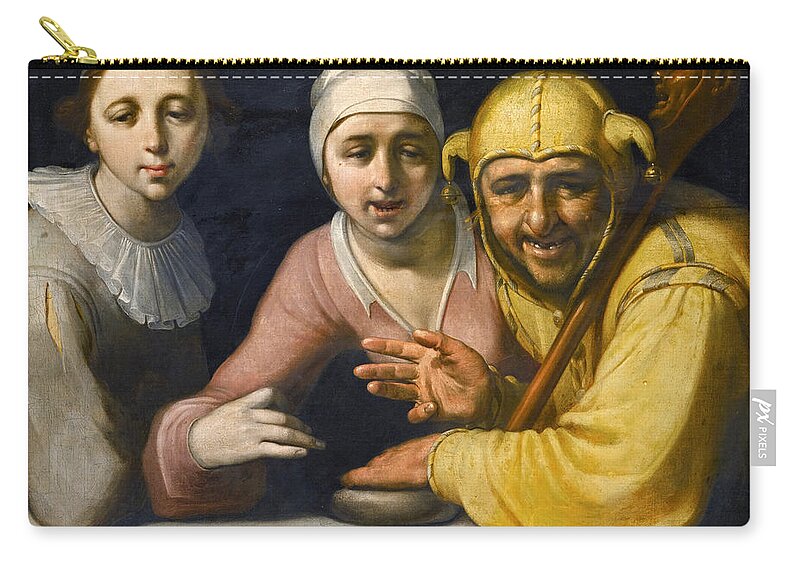 Cornelis Cornelisz Van Haarlem Zip Pouch featuring the painting A Fool with two women by Cornelis Cornelisz van Haarlem