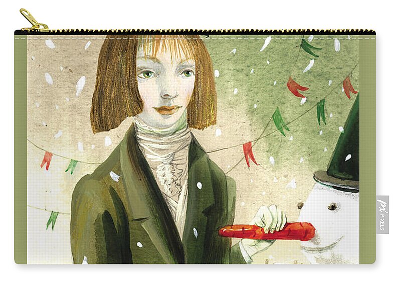 Girl Zip Pouch featuring the painting A Girl with a Snowman by Victoria Fomina
