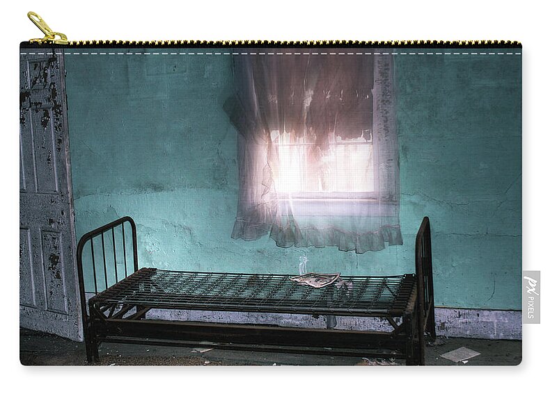 Bed Frame Zip Pouch featuring the photograph A Glow Where She Slept by Wayne King