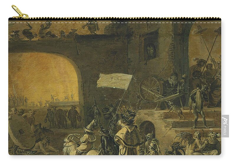 Cornelis Saftleven Zip Pouch featuring the painting A hoard of creatures with the Seven Deadly Sins before a tavern by Cornelis Saftleven