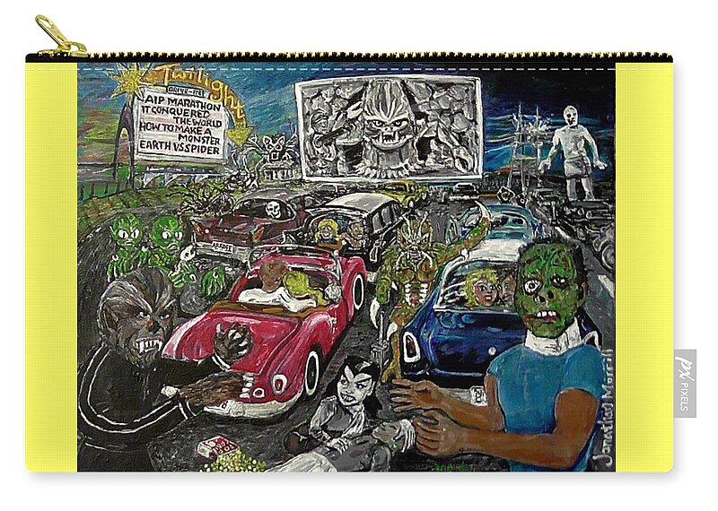 American International Pictures A.i.p. Drive-in Theater Zip Pouch featuring the painting A I P Monster Movie Marathon At The Twilight Drive - In La Porte Indiana by Jonathan Morrill