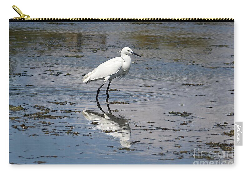 A Little Egret White Wading Bird Wader England English Britain British Coast Coastal Cuckmere Haven Sussex Blue Sky Summer Seascape Zip Pouch featuring the photograph A Little Egret by Julia Gavin