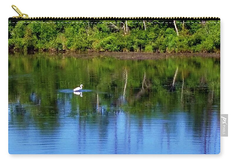 Nature Zip Pouch featuring the photograph A Lone Egret on Honeysuckle Pond by Stacie Siemsen